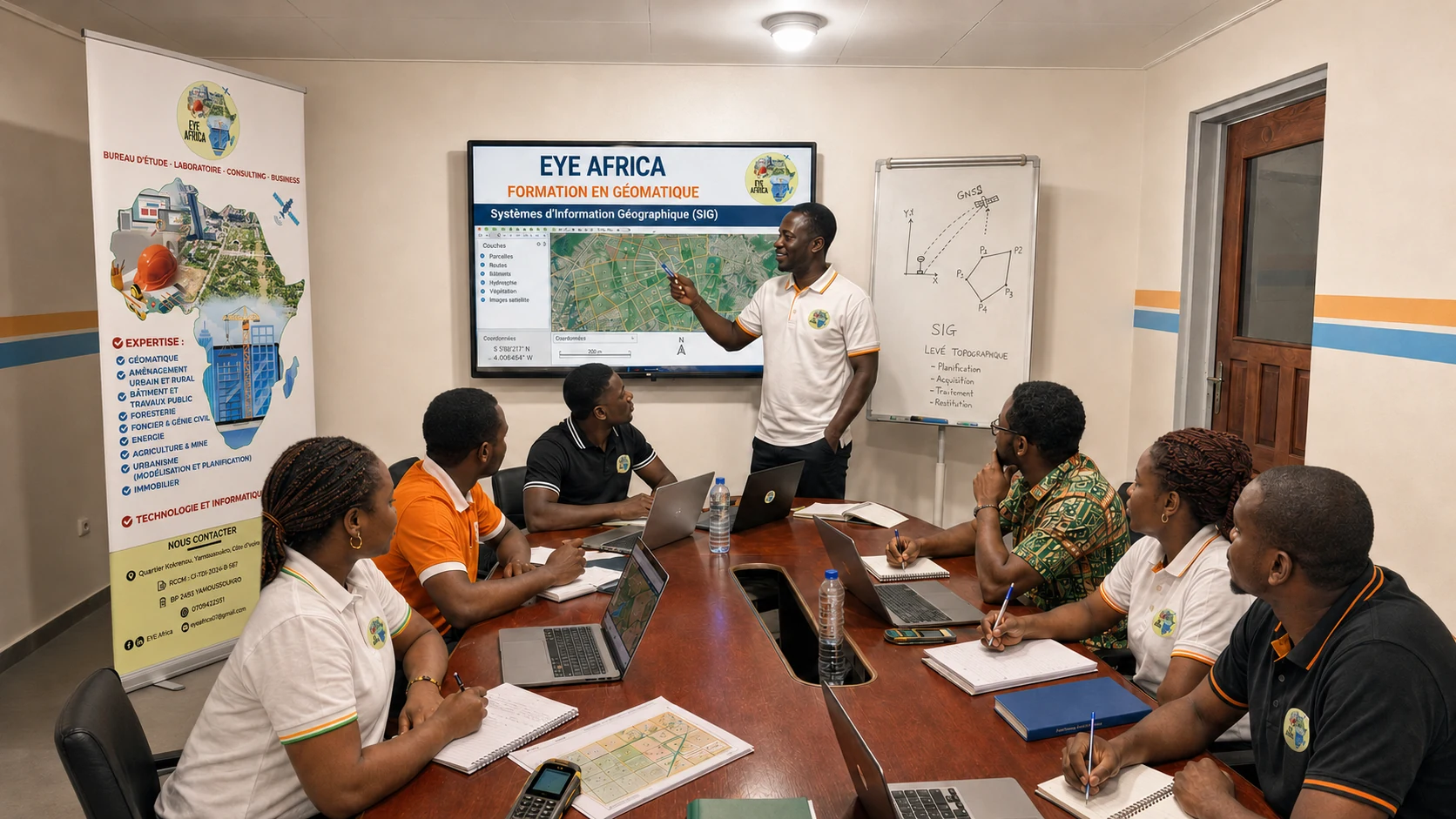 Un formateur EYE Africa accompagne un groupe d’apprenants autour d’un projet de cartographie